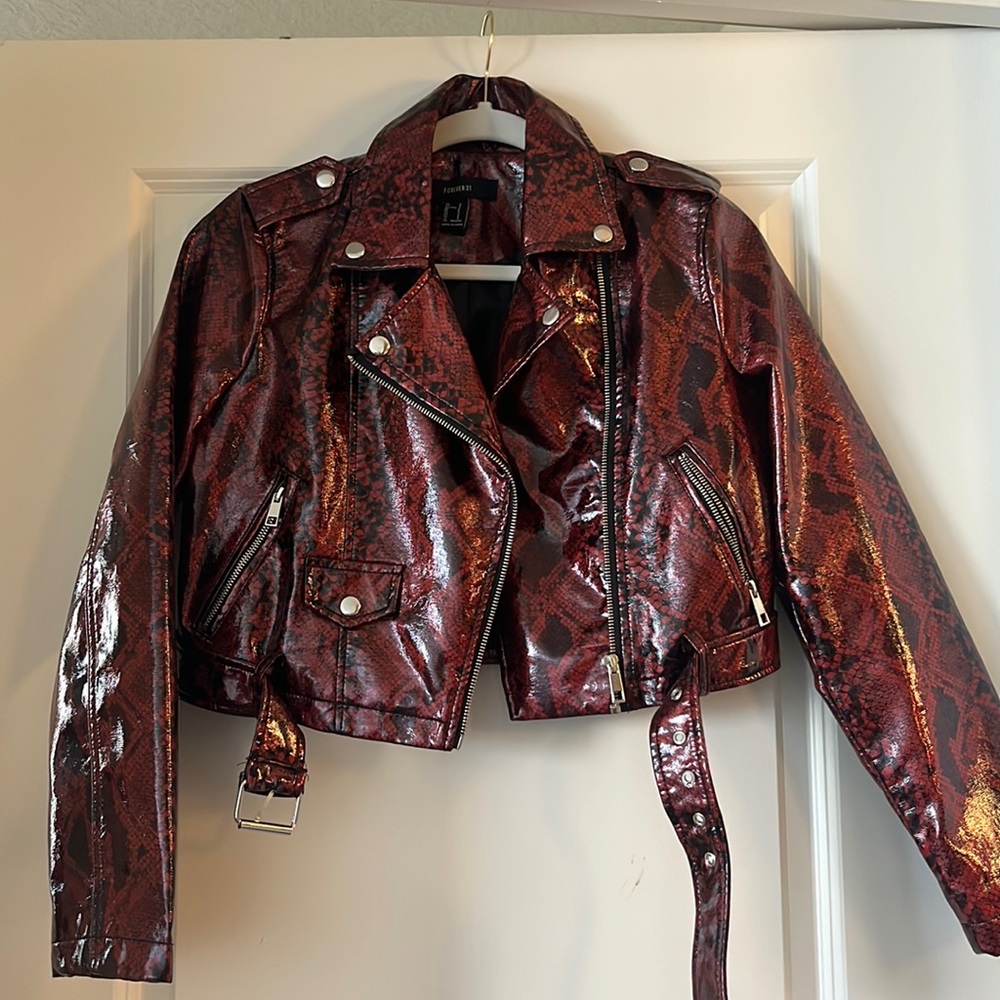 Cropped Red Snakeskin Leather Jacket